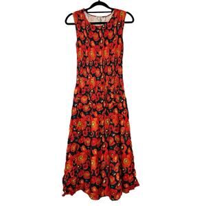 Alquema Black Orange Poppy Crinkle Pleated Smash Pocket Midi Dress 0 Small $245